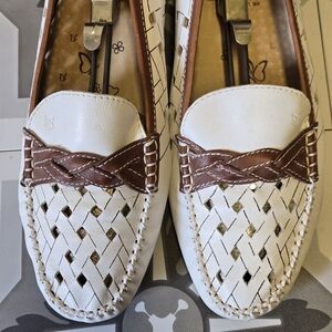 White and Brown Woven Leather Women's Loafers